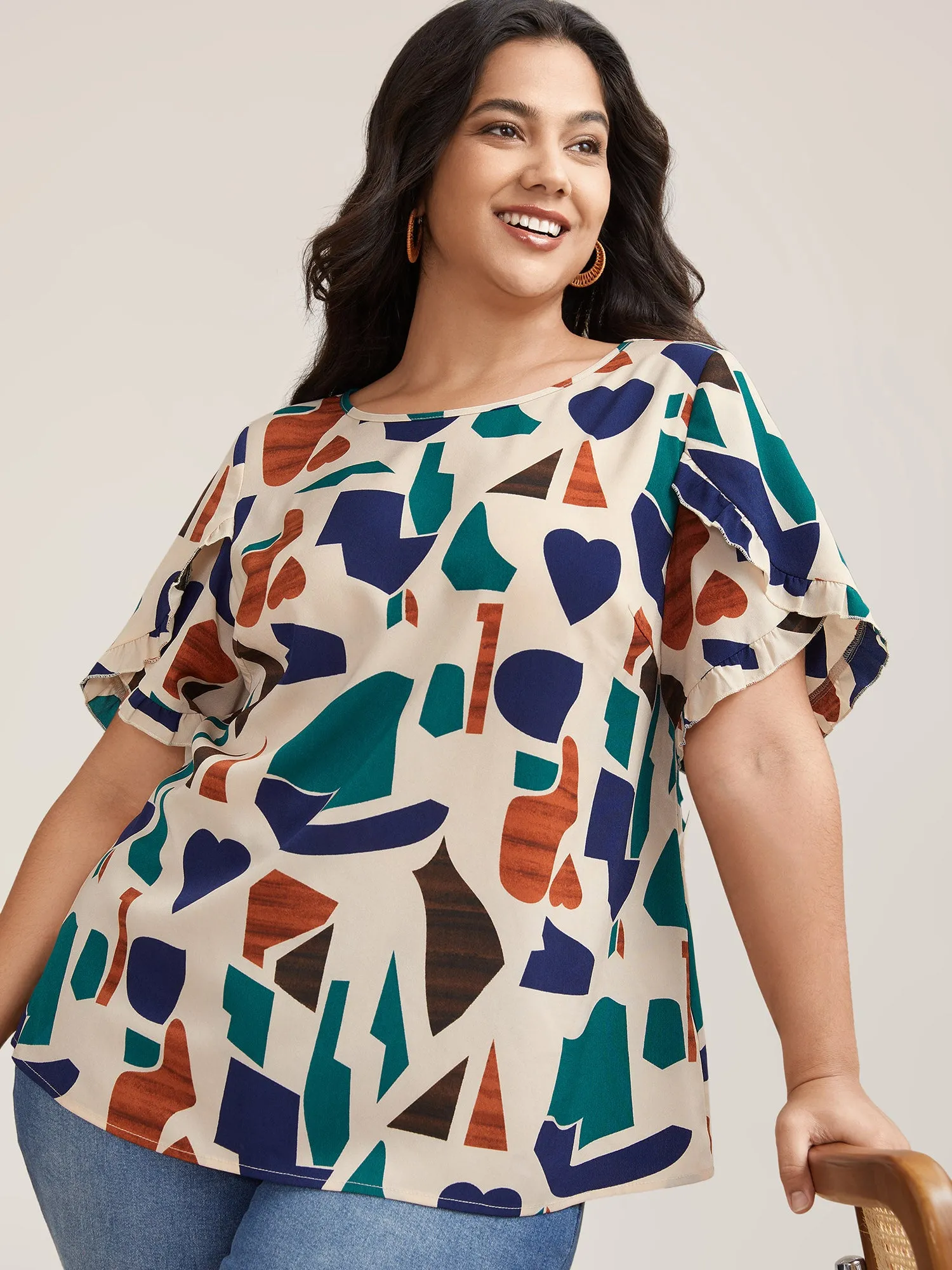 Abstract Print Round Neck Half Sleeve Shirt sold by Bloomchic