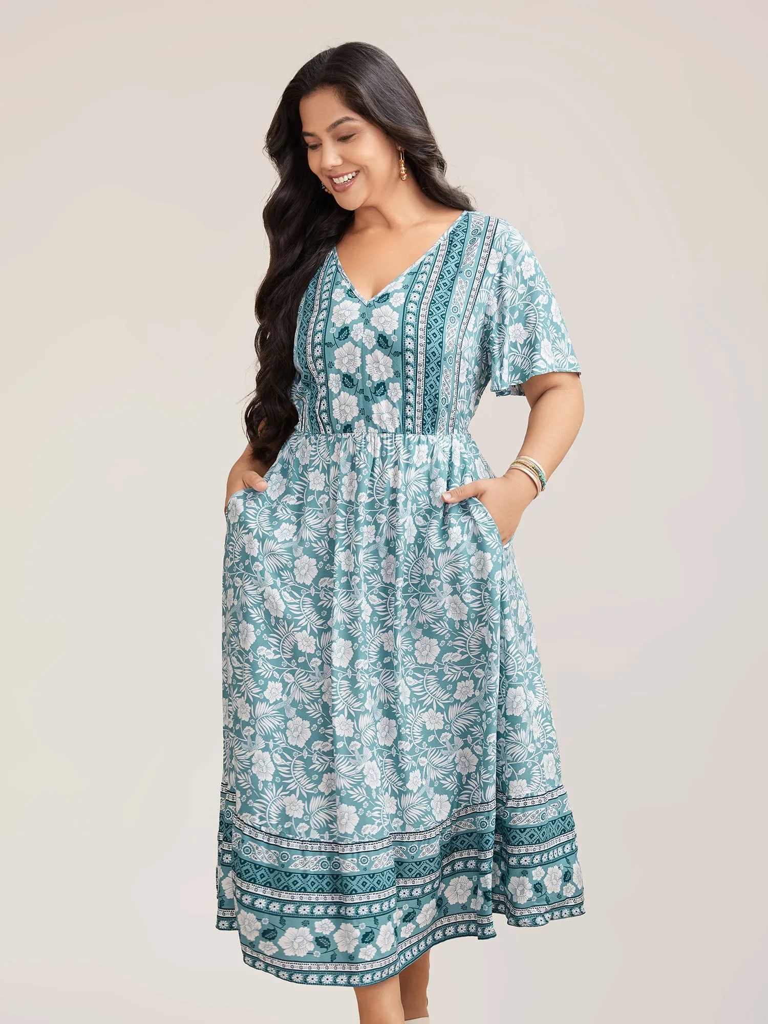 Floral Print Stretchy Waist Pockets Midi Dress sold by Bloomchic