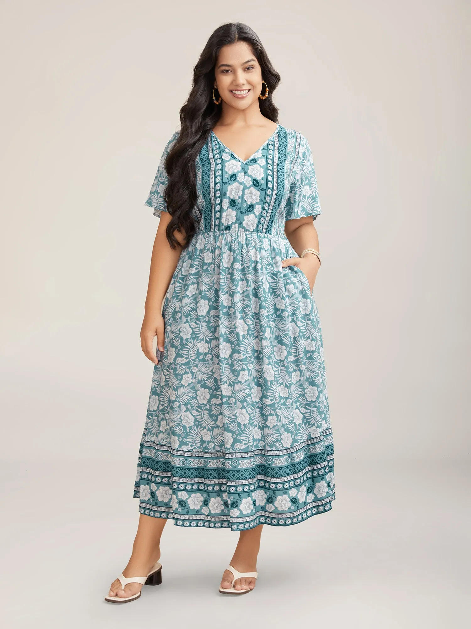 Floral Print Stretchy Waist Pockets Midi Dress sold by Bloomchic product image thumbnail 3