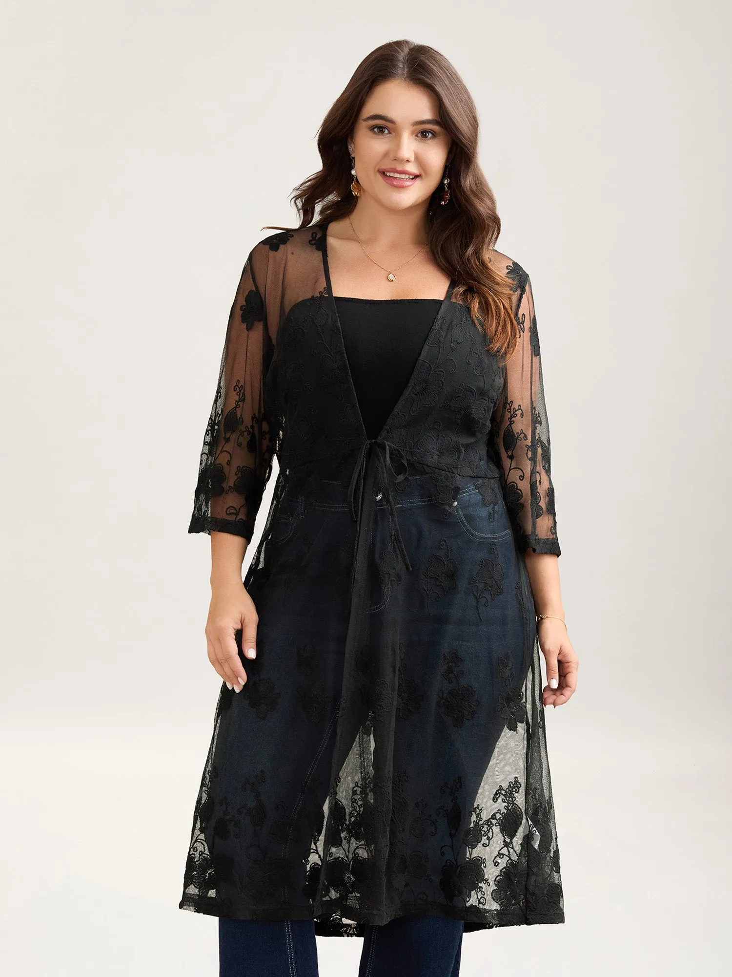Sheer Lace Waist-Tie Kimono Cardigan sold by Bloomchic product image thumbnail 2