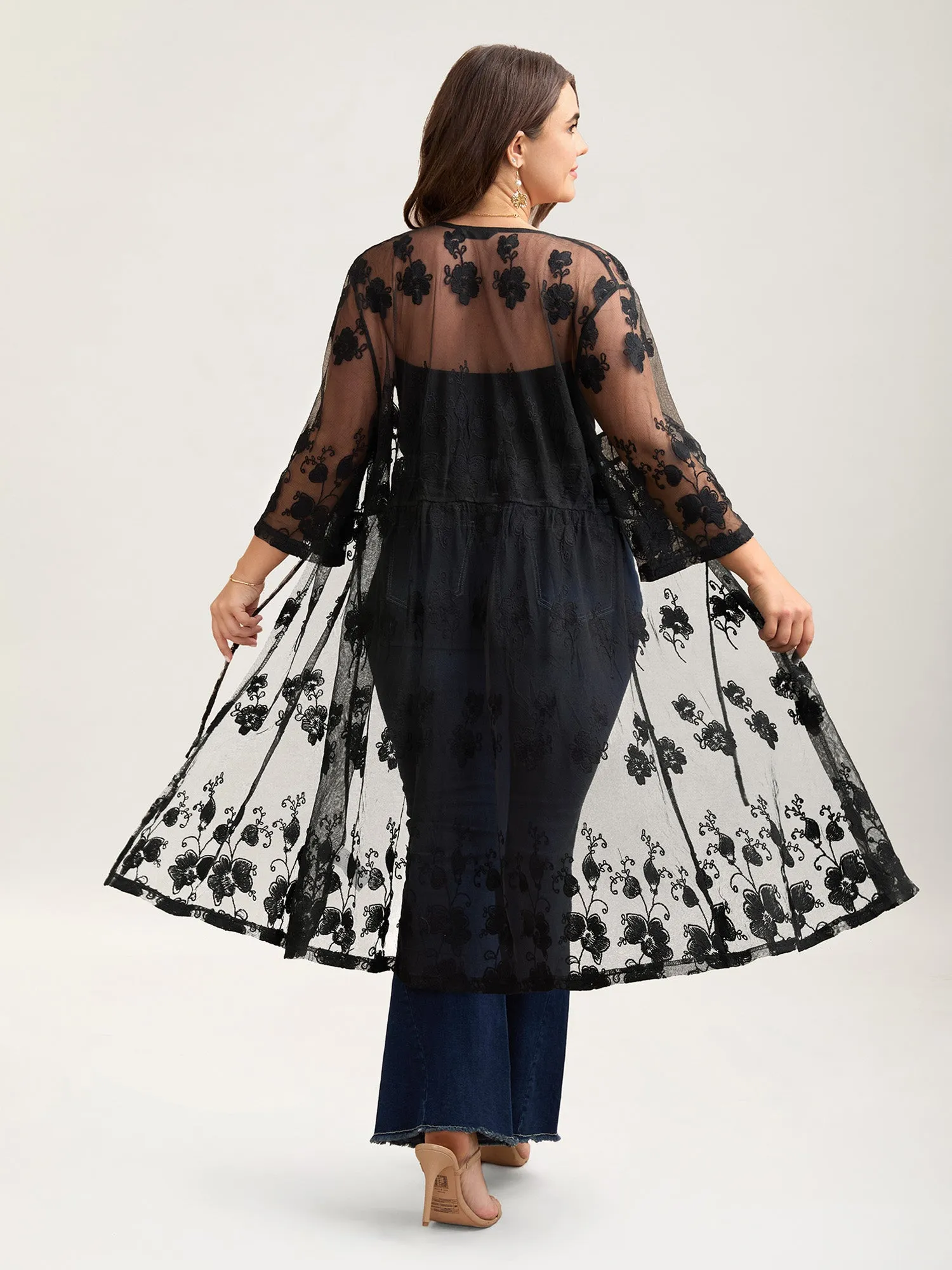 Sheer Lace Waist-Tie Kimono Cardigan sold by Bloomchic product image thumbnail 3