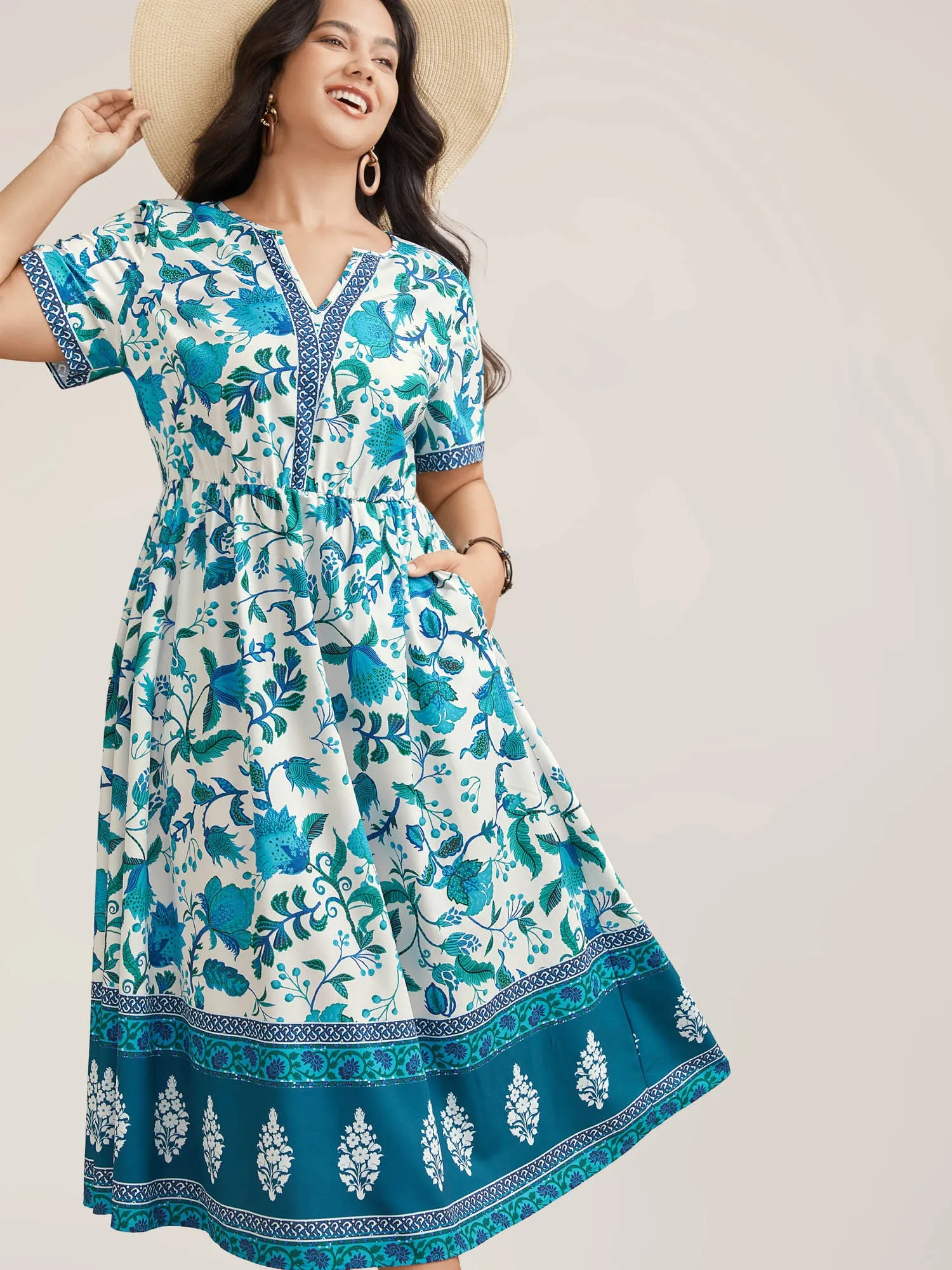 Boho Print Notched Collar Midi Dress sold by Bloomchic