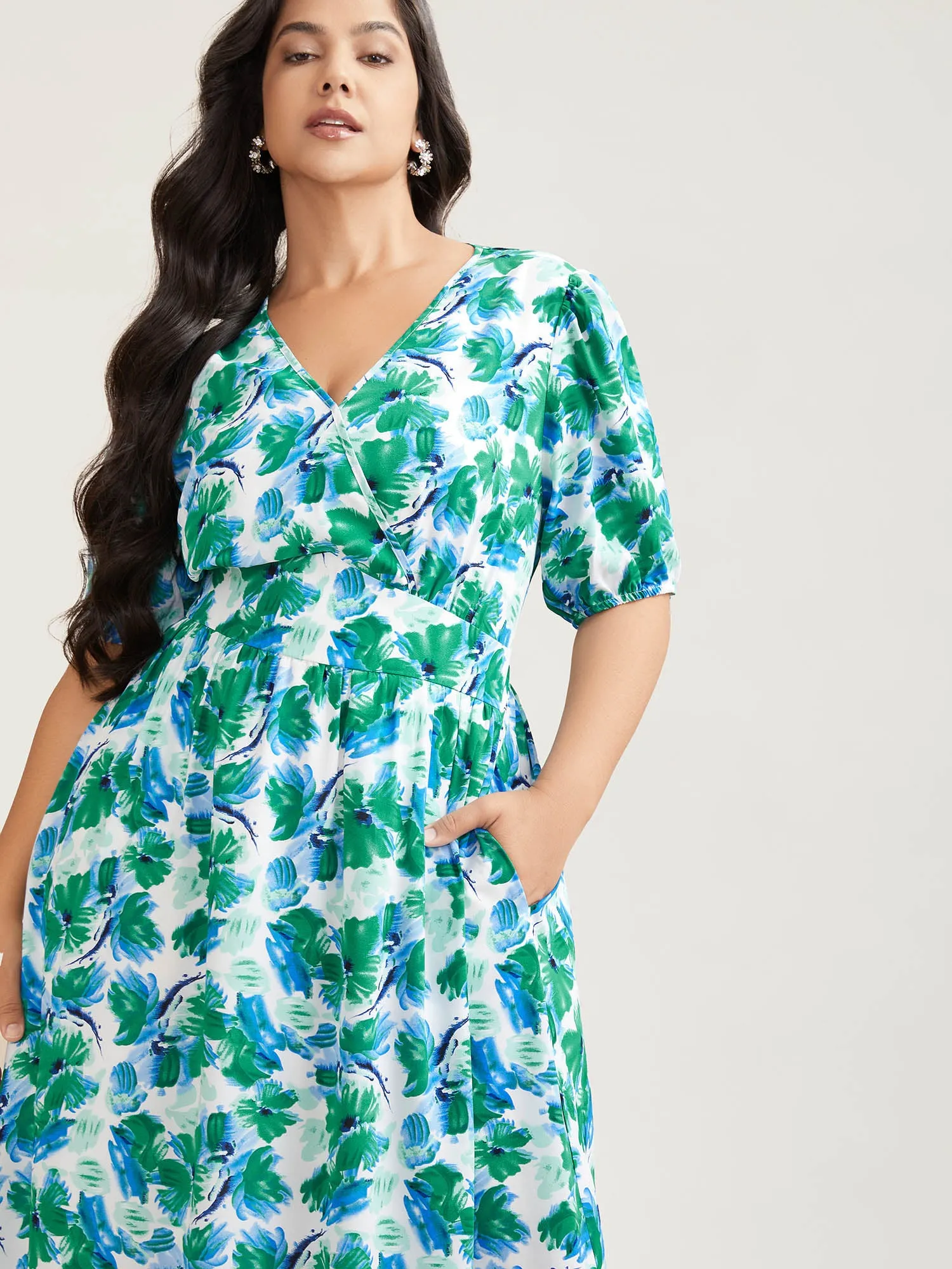 Brush Stroke Floral Surplice Neck Midi Dress sold by Bloomchic