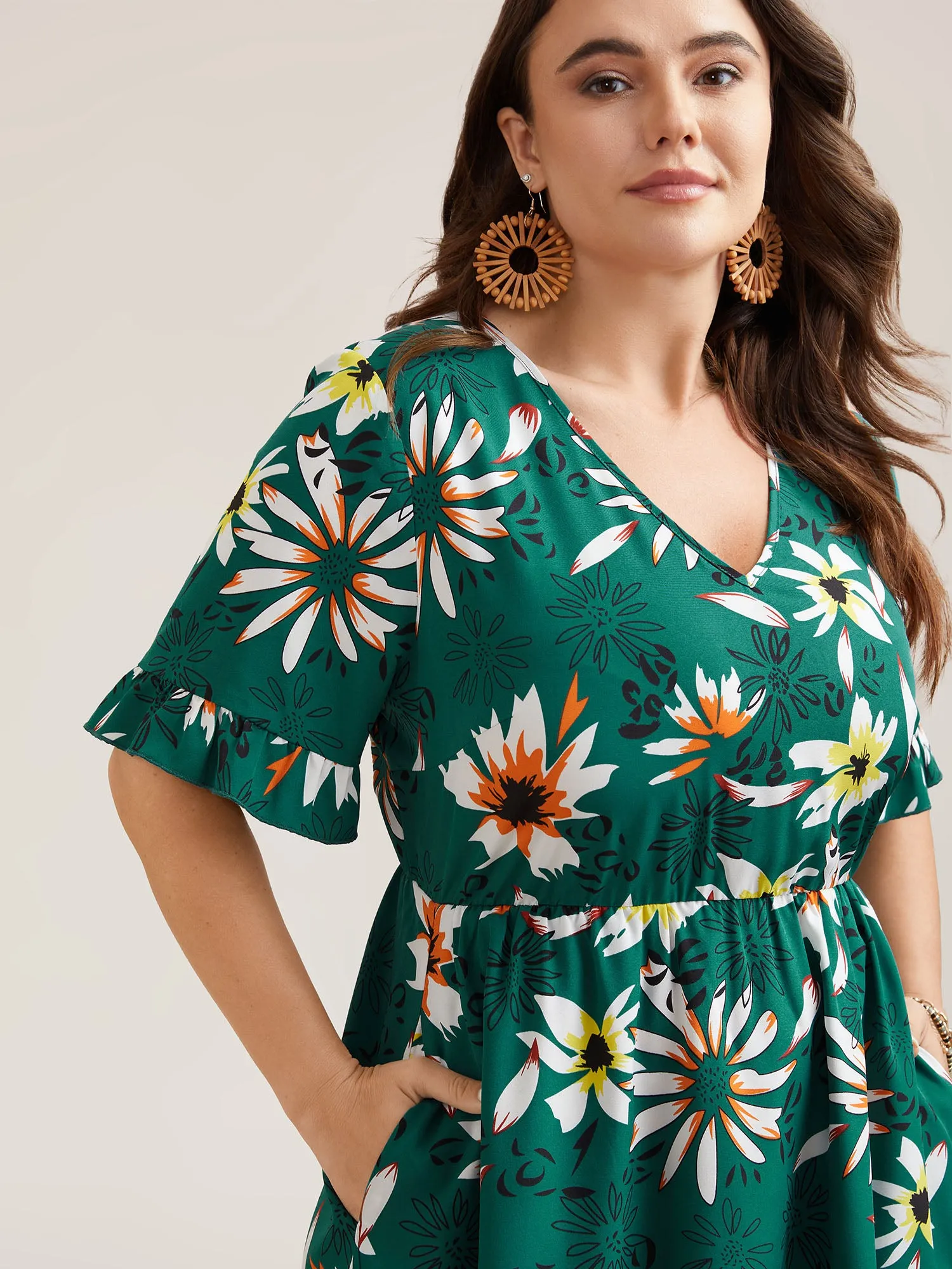 Spring Floral Print Pockets Ruffled Midi Dress sold by Bloomchic product image thumbnail 2