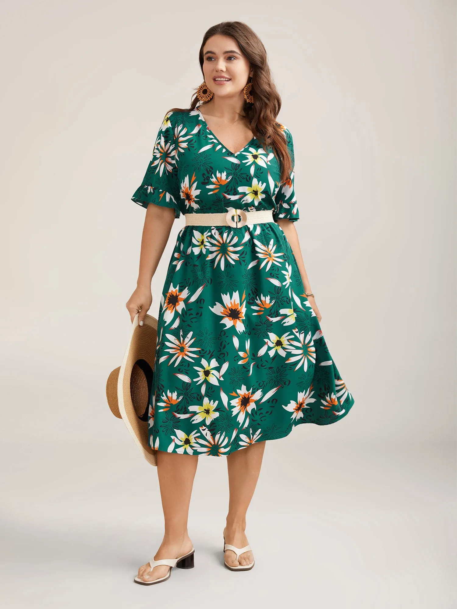 Spring Floral Print Pockets Ruffled Midi Dress sold by Bloomchic