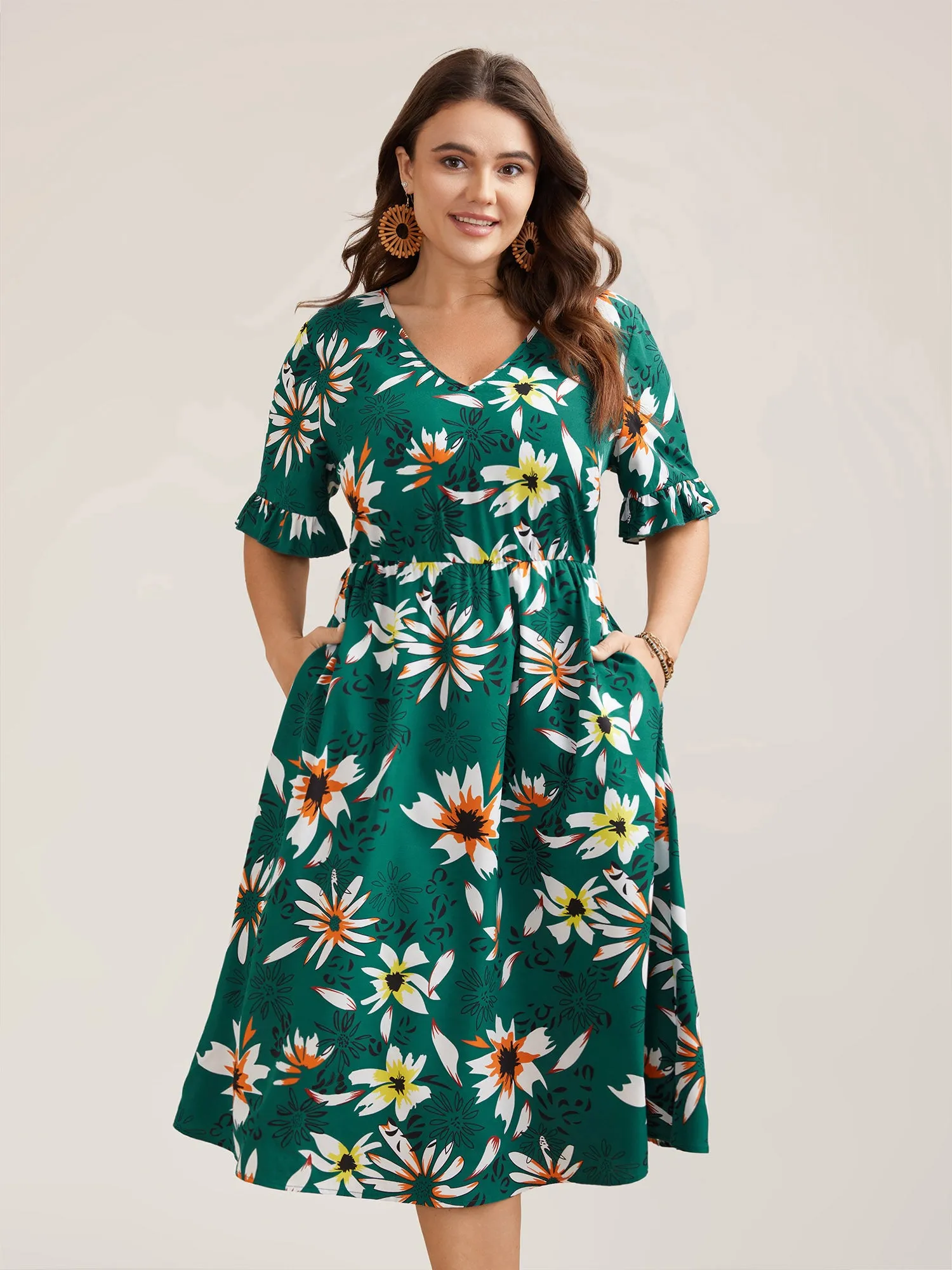 Spring Floral Print Pockets Ruffled Midi Dress sold by Bloomchic product image thumbnail 3