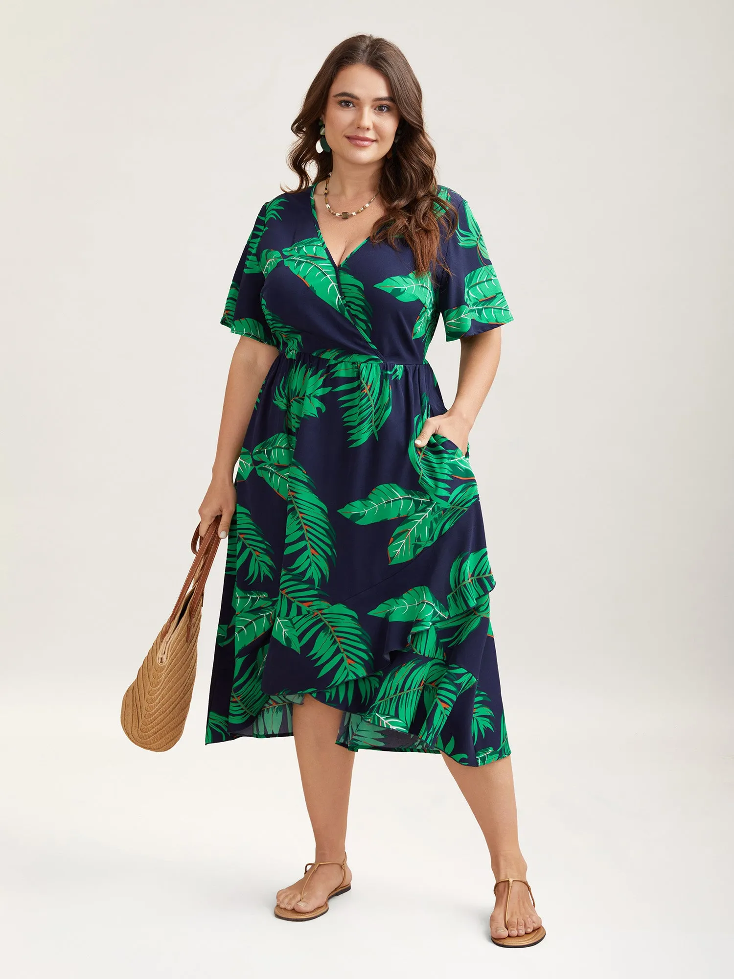 Tropical Leaf Print Surplice Neck Midi Dress sold by Bloomchic product image thumbnail 2