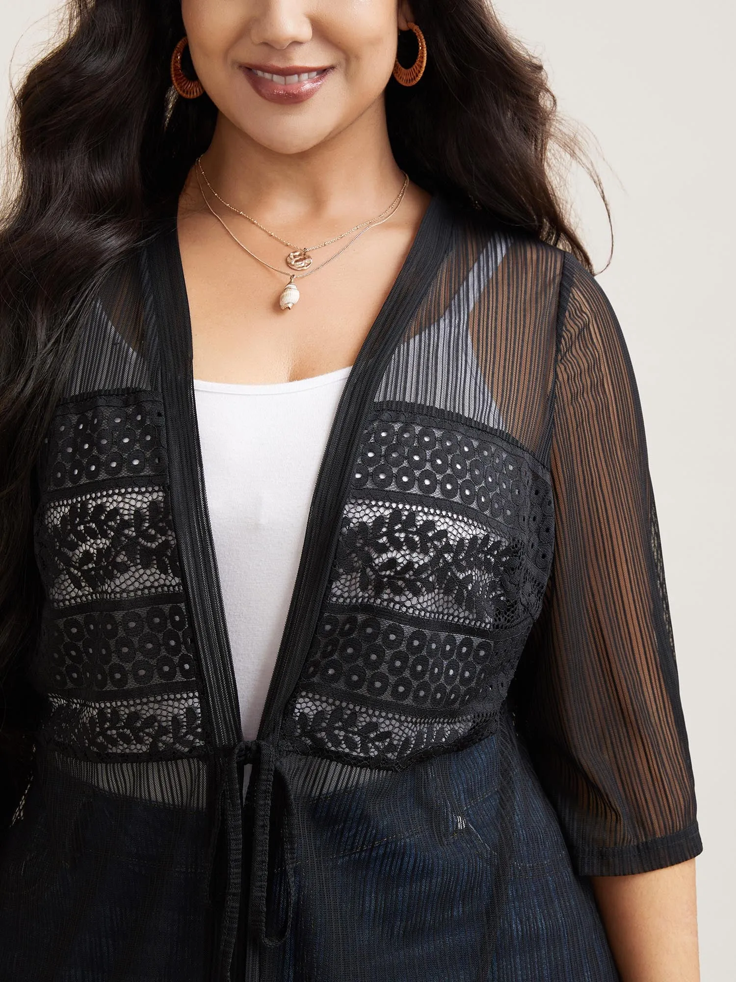 Sheer Lace Detail Tied Kimono Cardigan sold by Bloomchic product image thumbnail 4