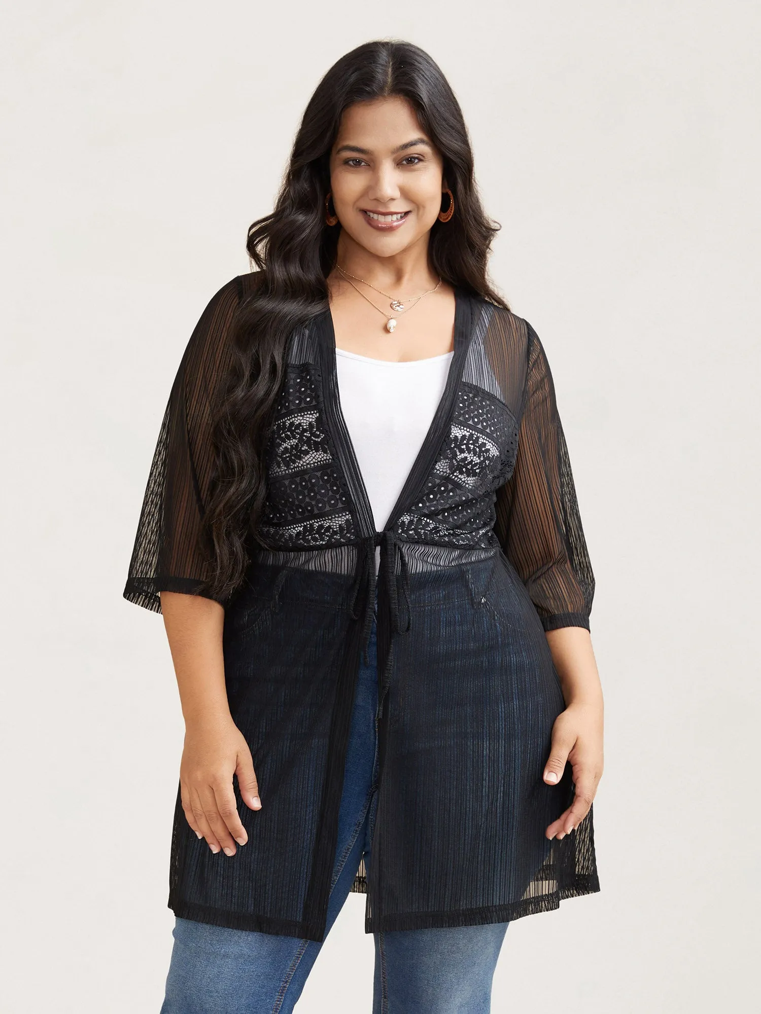 Sheer Lace Detail Tied Kimono Cardigan sold by Bloomchic