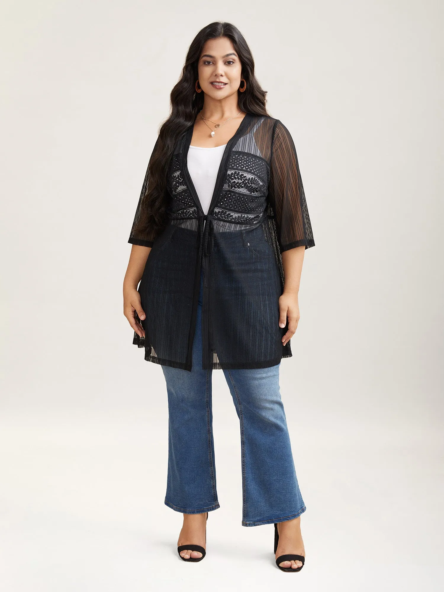 Sheer Lace Detail Tied Kimono Cardigan sold by Bloomchic product image thumbnail 3