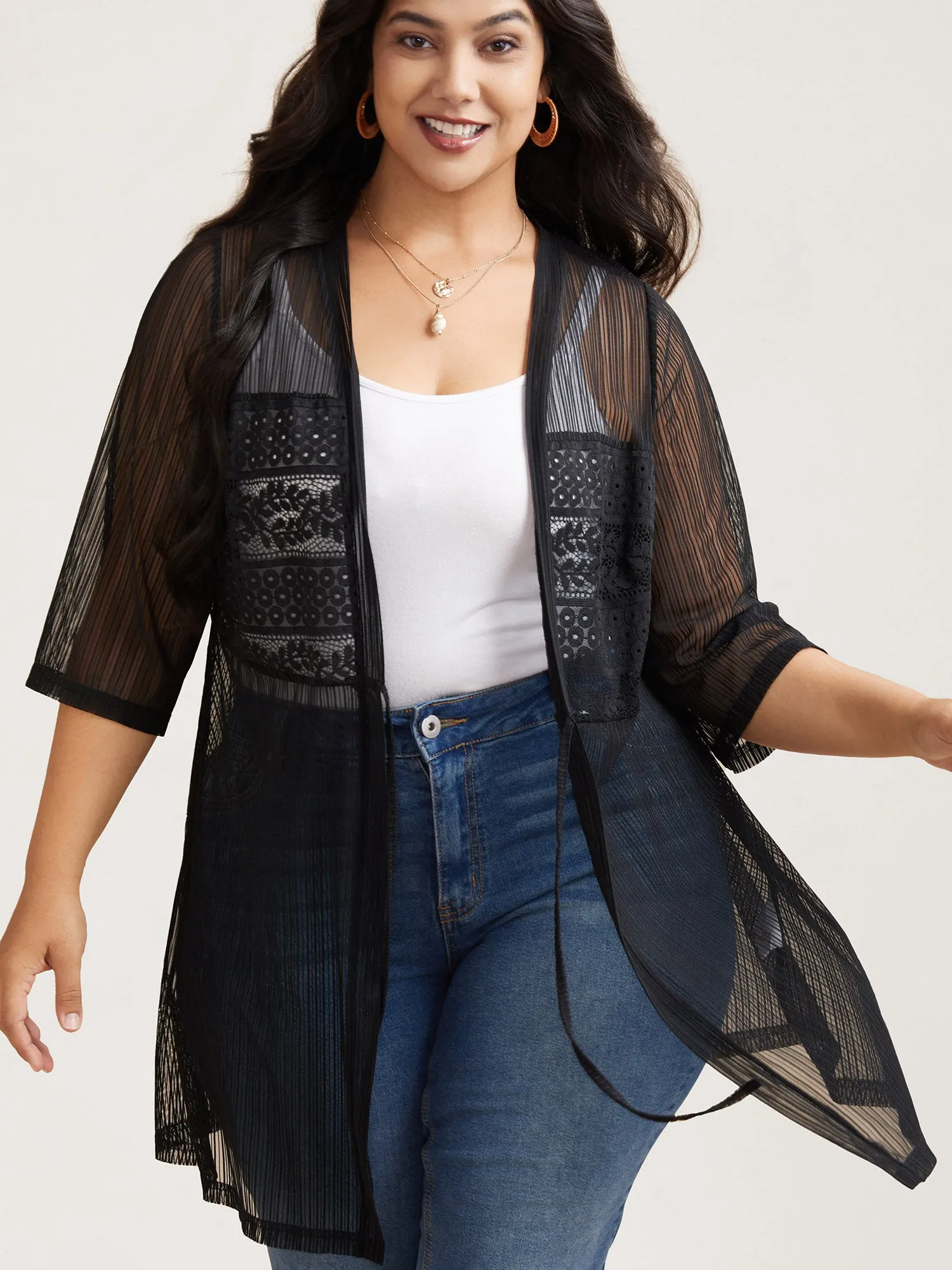 Sheer Lace Detail Tied Kimono Cardigan sold by Bloomchic product image thumbnail 2