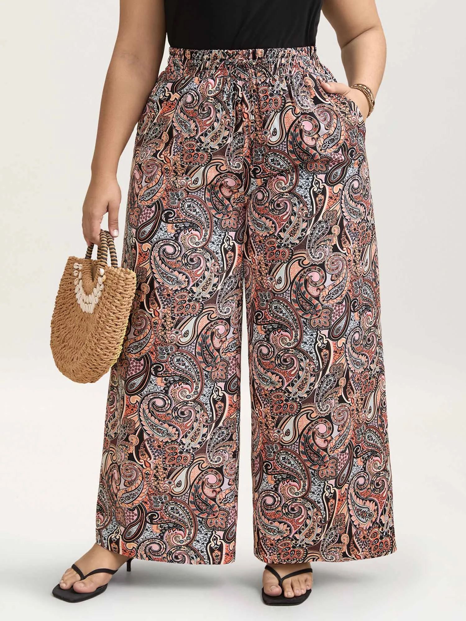 Paisley Print Drawstring Wide-Leg Pants sold by Bloomchic