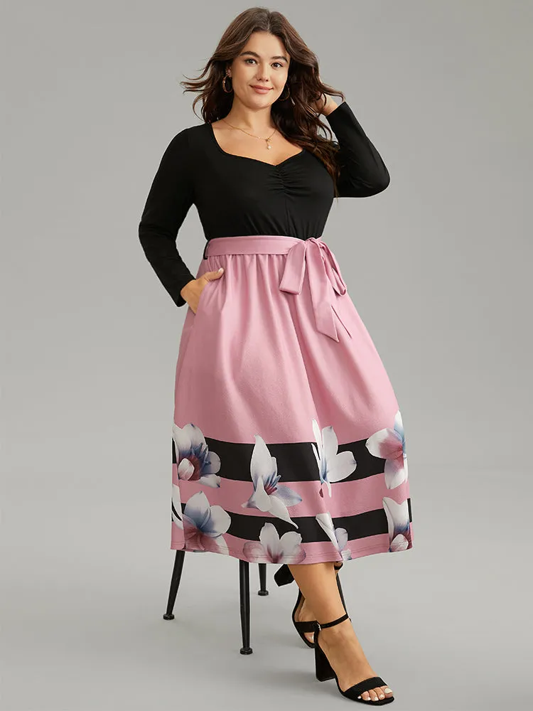 Floral Contrast Ruched Square Neck Belted Dress sold by Bloomchic product image thumbnail 3