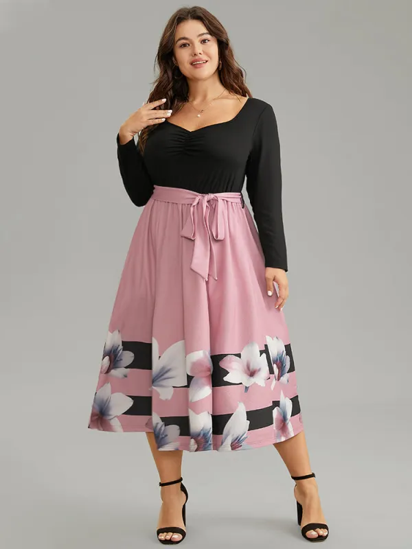 Floral Contrast Ruched Square Neck Belted Dress sold by Bloomchic