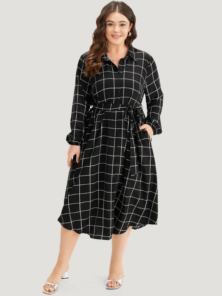 Plaid Shirt Collar Belted Lantern Sleeve Dress sold by Bloomchic product image thumbnail 5