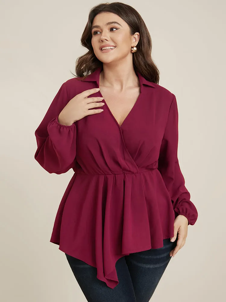 Solid Lantern Sleeve Surplice Neck Asymmetrical Hem Blouse sold by Bloomchic product image thumbnail 2