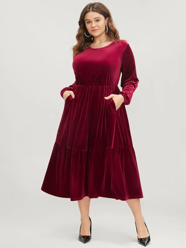Solid Pocket Lantern Sleeve Velvet Flutter Dress sold by Bloomchic