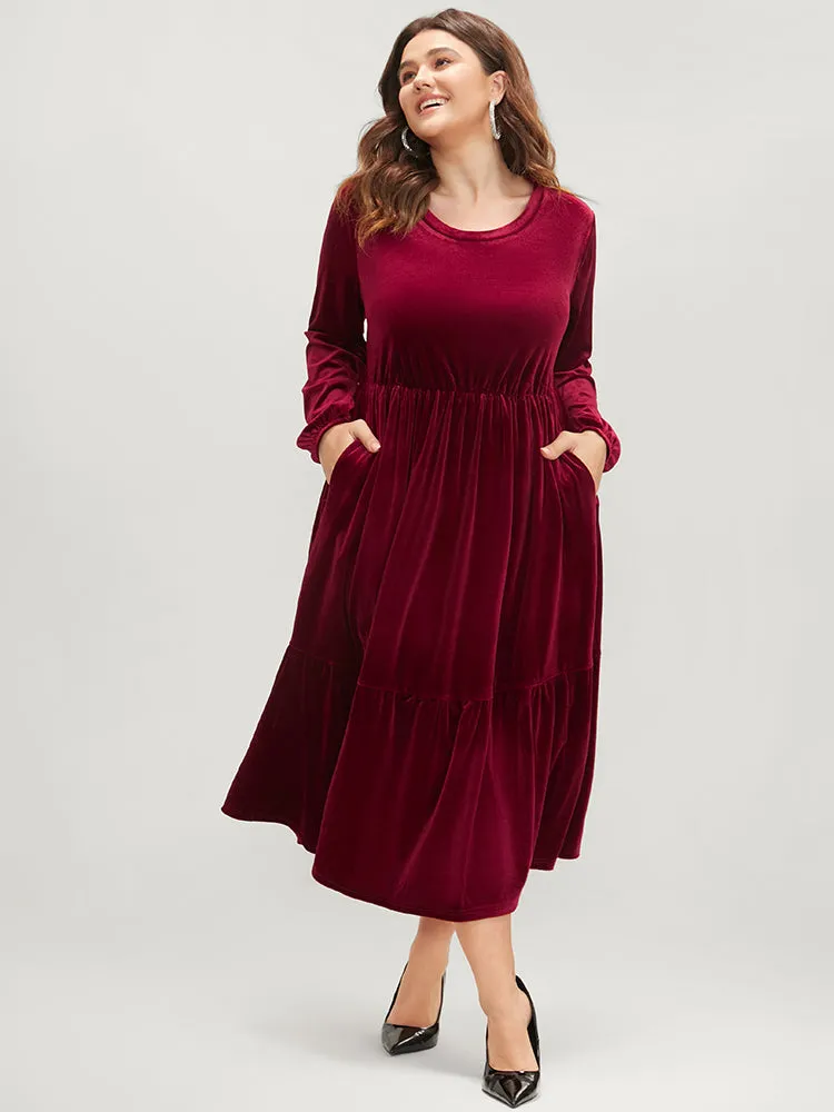 Solid Pocket Lantern Sleeve Velvet Flutter Dress sold by Bloomchic product image thumbnail 4