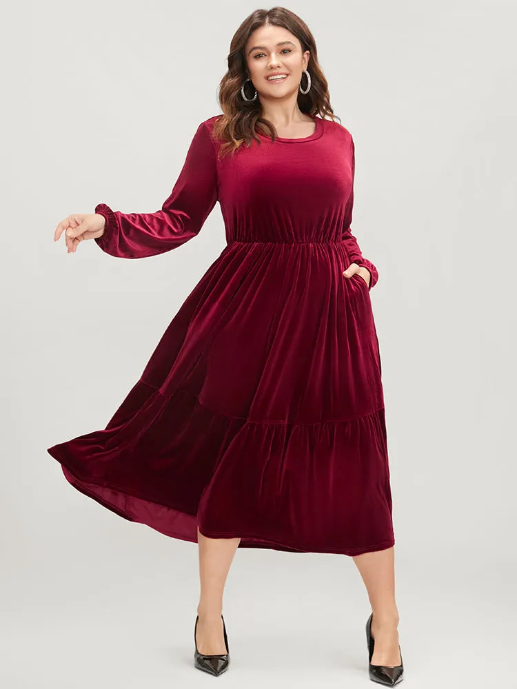 Solid Pocket Lantern Sleeve Velvet Flutter Dress sold by Bloomchic product image thumbnail 3