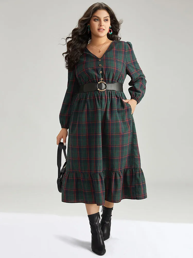 Plaid Shirred Button Detail Ruffle Hem Dress sold by Bloomchic