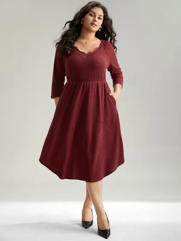 Solid Rib Knit Lace Insert Dress sold by Bloomchic