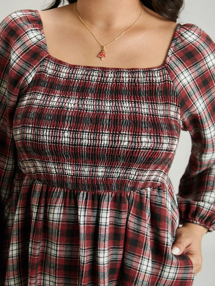 Square Neck Plaid Shirred Lantern Sleeve Dress sold by Bloomchic product image thumbnail 5