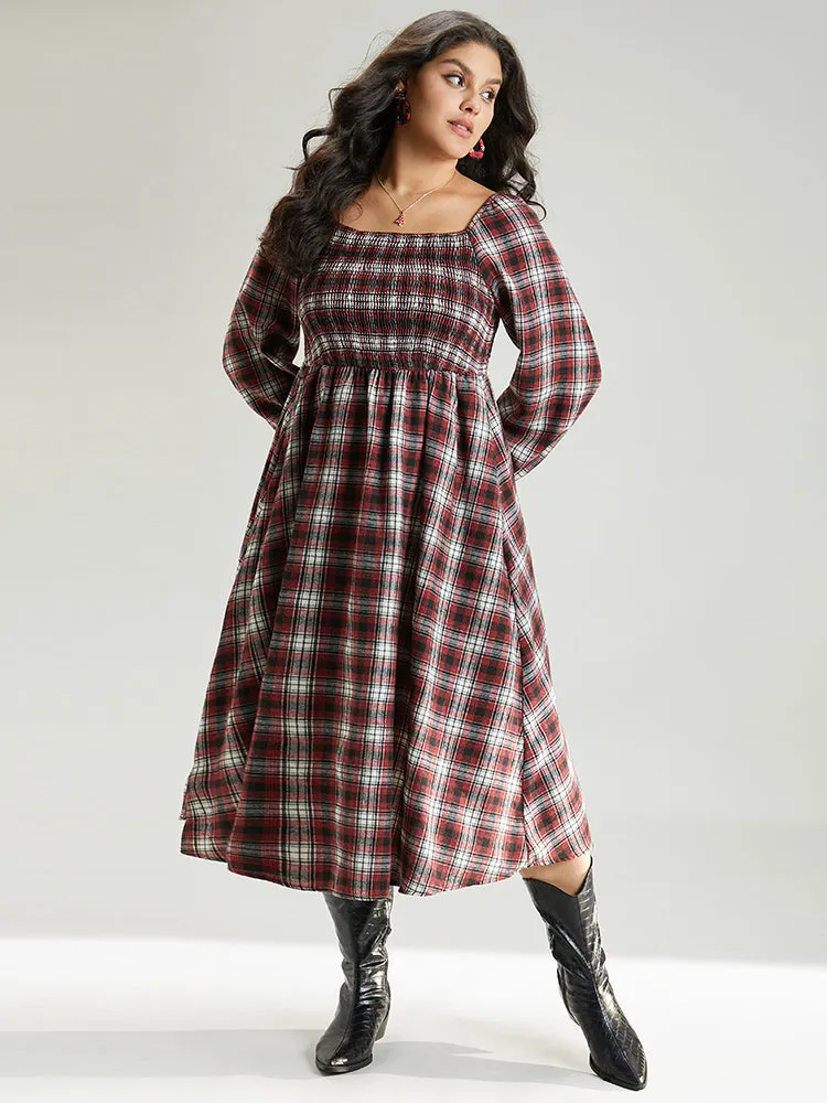 Square Neck Plaid Shirred Lantern Sleeve Dress sold by Bloomchic