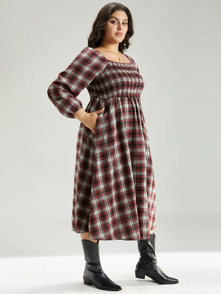 Square Neck Plaid Shirred Lantern Sleeve Dress sold by Bloomchic product image thumbnail 4
