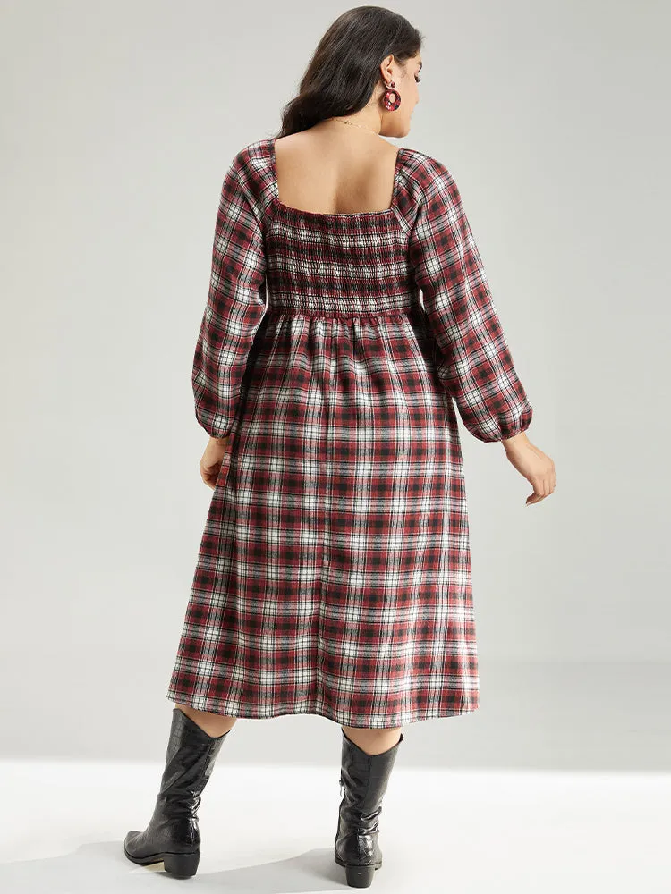 Square Neck Plaid Shirred Lantern Sleeve Dress sold by Bloomchic product image thumbnail 3