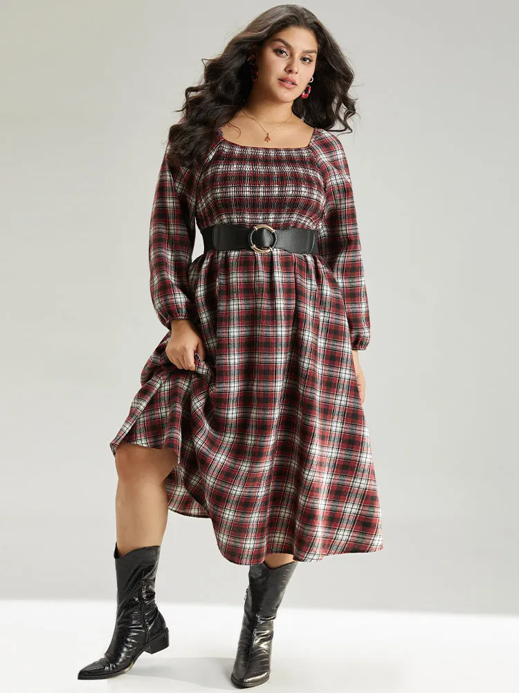 Square Neck Plaid Shirred Lantern Sleeve Dress sold by Bloomchic product image thumbnail 2