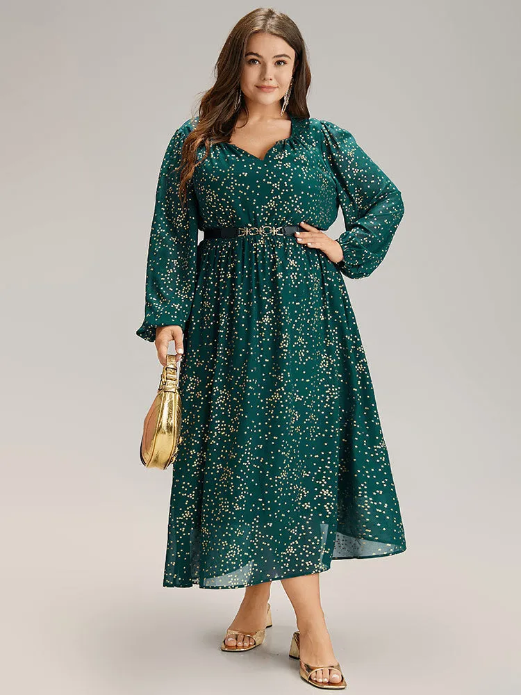 Glitter Star Notched Pleated Lantern Sleeve Dress sold by Bloomchic