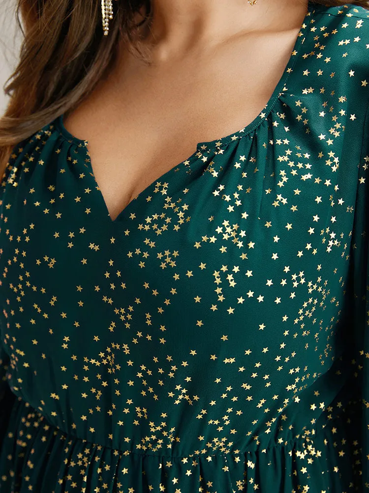 Glitter Star Notched Pleated Lantern Sleeve Dress sold by Bloomchic product image thumbnail 5