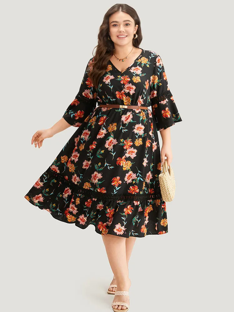 Floral Bell Sleeve Pocket Lace Panel Dress sold by Bloomchic