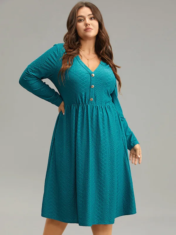 Plain Textured Metal Detail V Neck Dress sold by Bloomchic