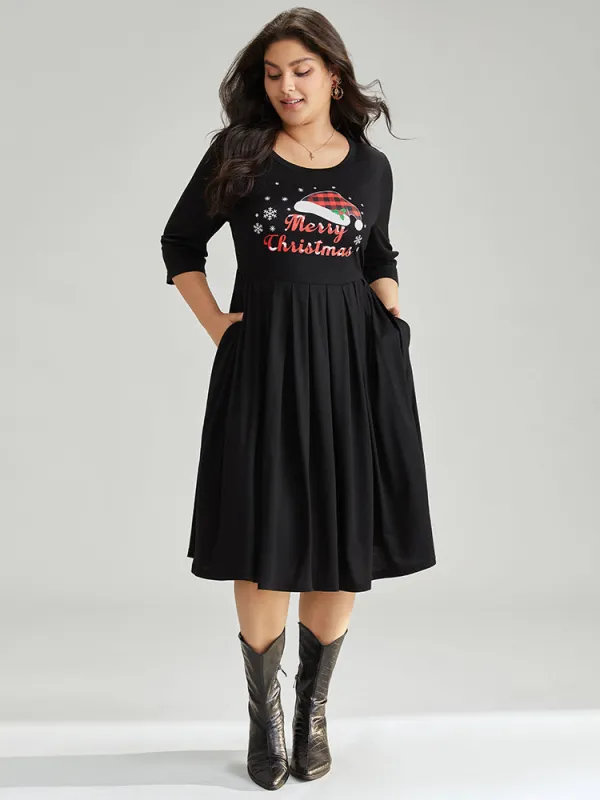 Christmas Print Plicated Detail Elastic Waist Dress sold by Bloomchic