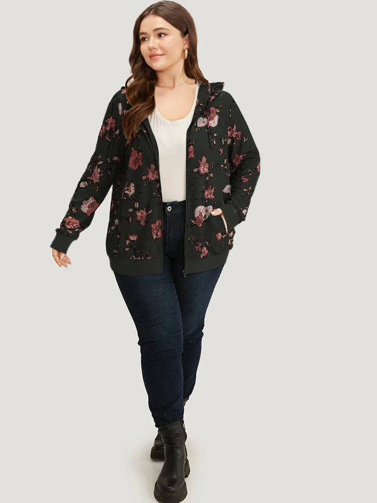 Floral Print Pocket Drawstring Hooded Sweatshirt sold by Bloomchic product image thumbnail 4