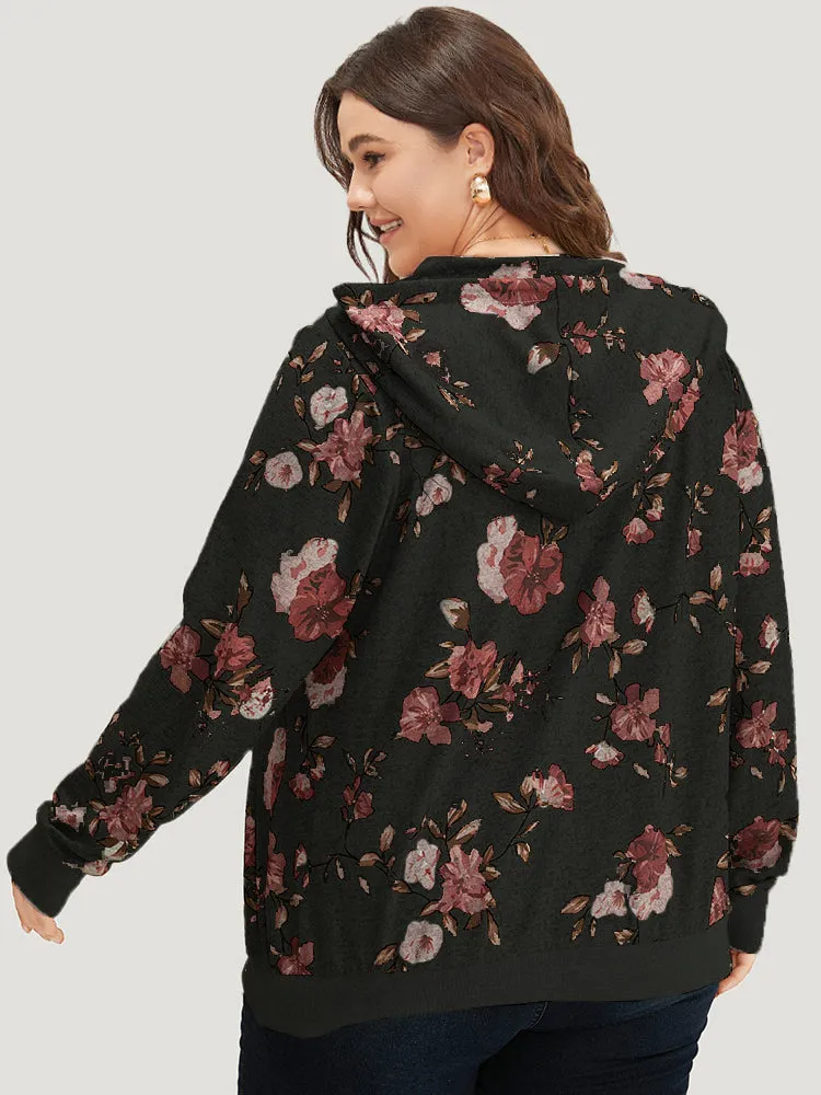 Floral Print Pocket Drawstring Hooded Sweatshirt sold by Bloomchic product image thumbnail 3