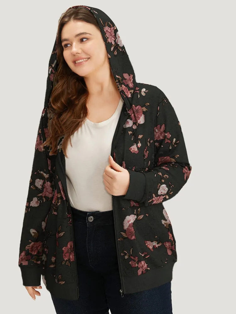 Floral Print Pocket Drawstring Hooded Sweatshirt sold by Bloomchic product image thumbnail 2