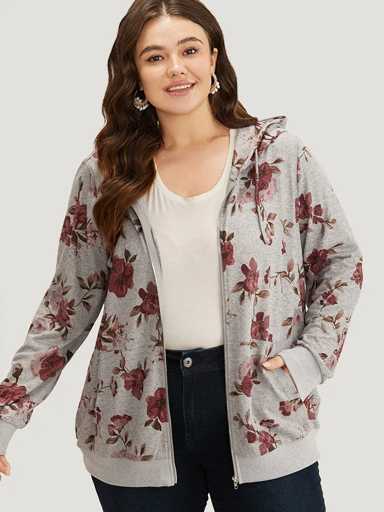 Floral Print Pocket Drawstring Hooded Sweatshirt sold by Bloomchic product image thumbnail 5