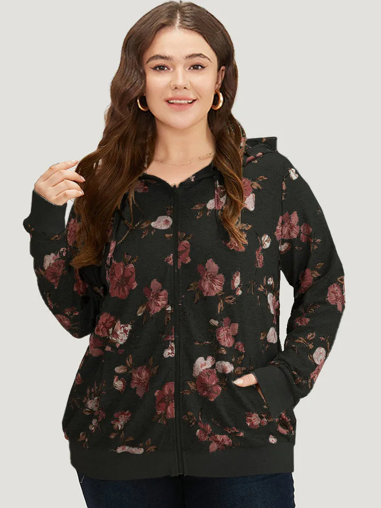 Floral Print Pocket Drawstring Hooded Sweatshirt sold by Bloomchic
