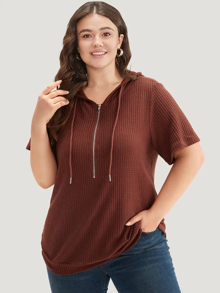 Waffle Knit Half Zip Hooded Drawstring T-shirt sold by Bloomchic