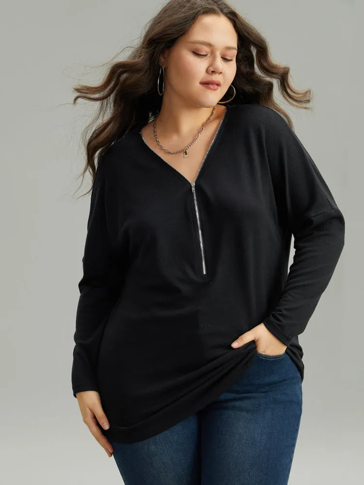 Solid Zipper Detail Patchwork T-shirt sold by Bloomchic