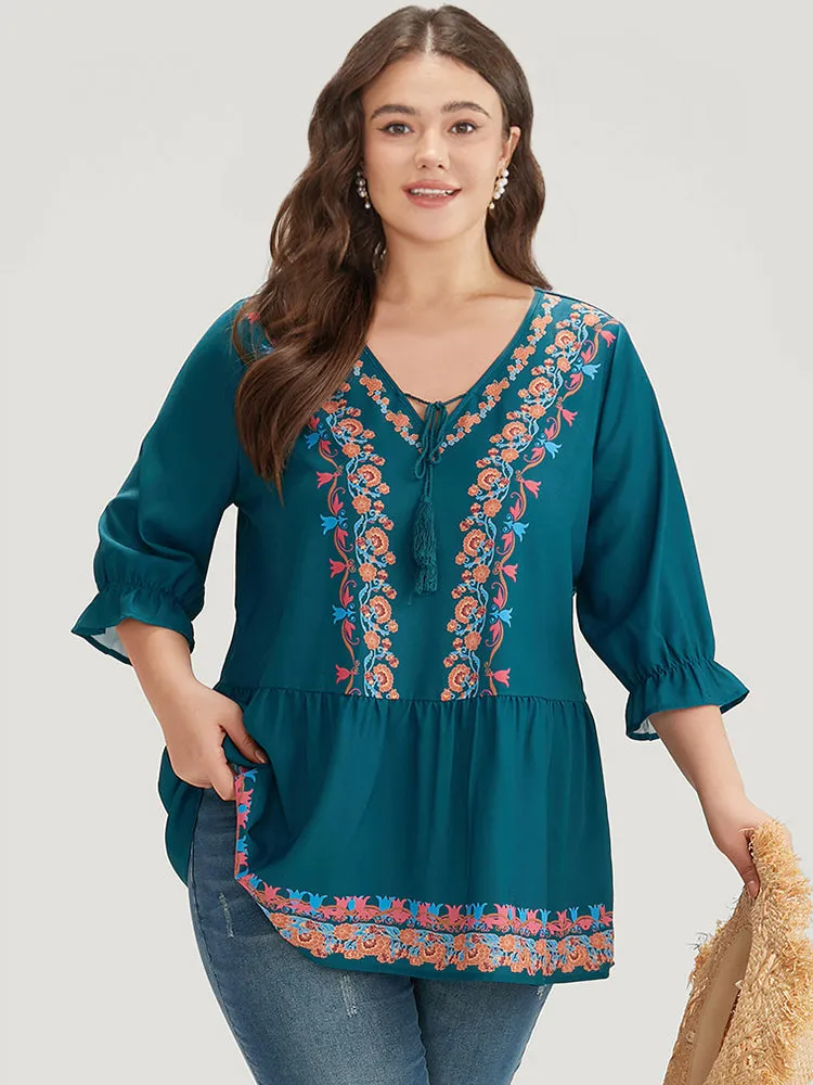 Bandana Print Ties Flutter Trim Gathered Blouse sold by Bloomchic