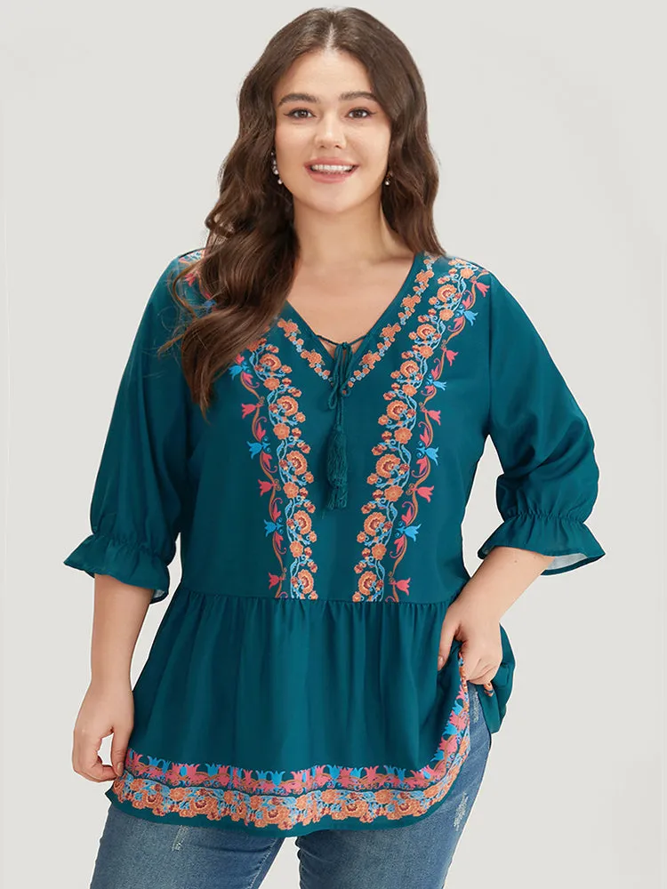 Bandana Print Ties Flutter Trim Gathered Blouse sold by Bloomchic product image thumbnail 3