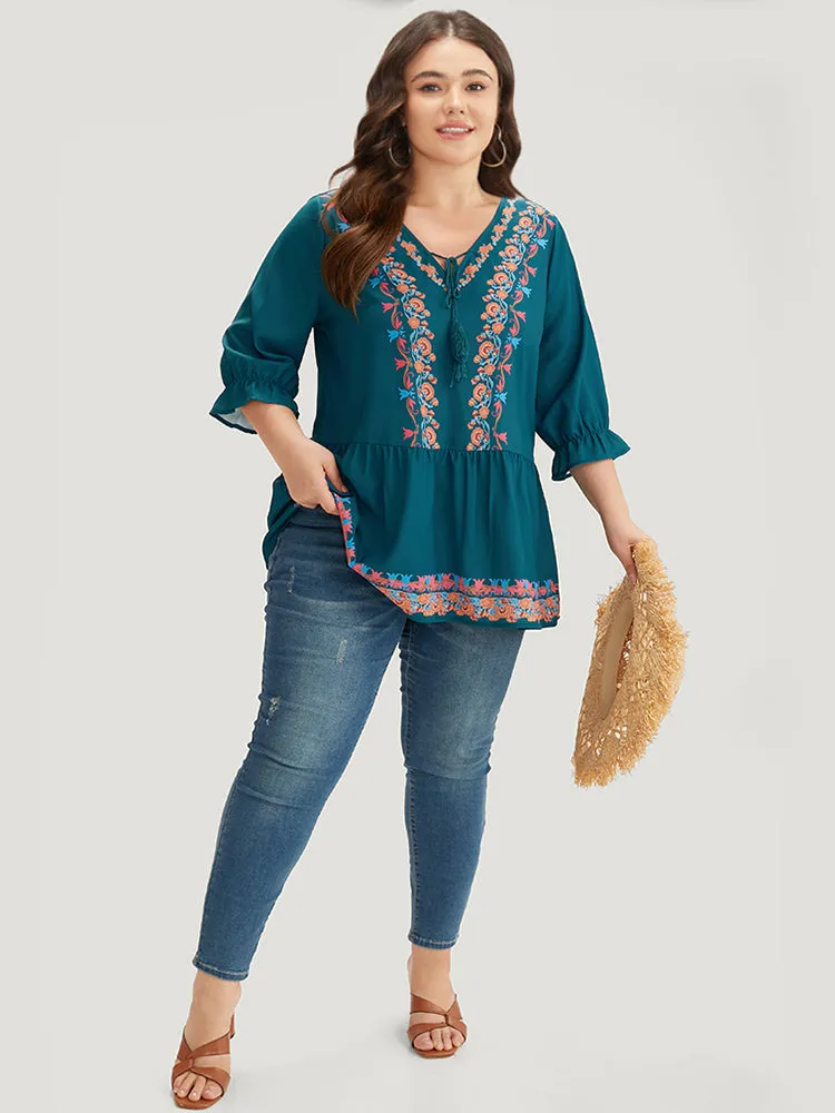 Bandana Print Ties Flutter Trim Gathered Blouse sold by Bloomchic product image thumbnail 4