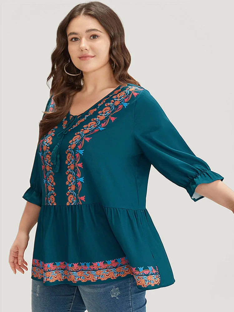 Bandana Print Ties Flutter Trim Gathered Blouse sold by Bloomchic product image thumbnail 2