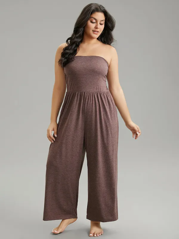 Plain Pocket Shoulderless Gathered Sleep Jumpsuit sold by Bloomchic