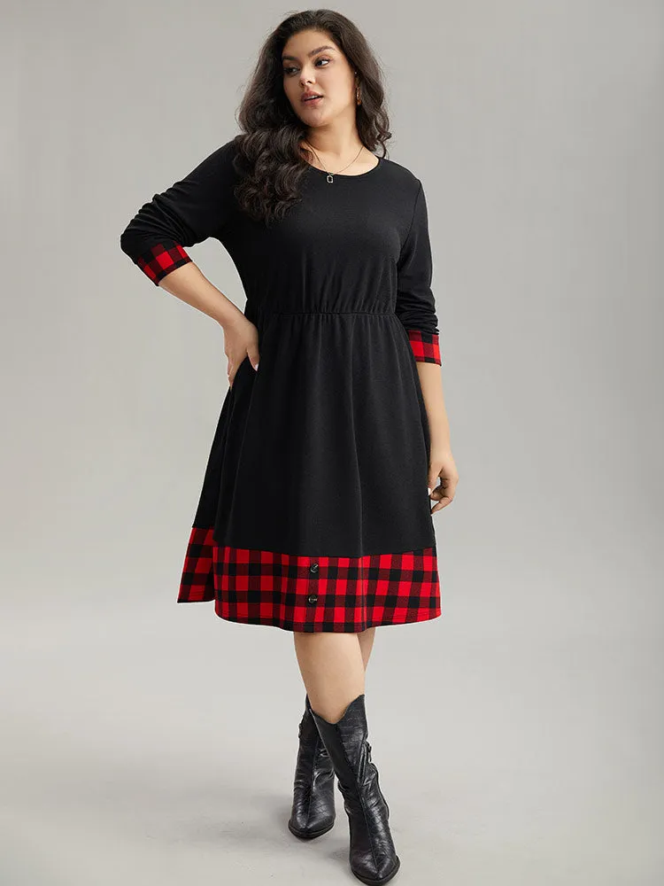 Plaid Patchwork Round Neck Elastic Waist Dress sold by Bloomchic