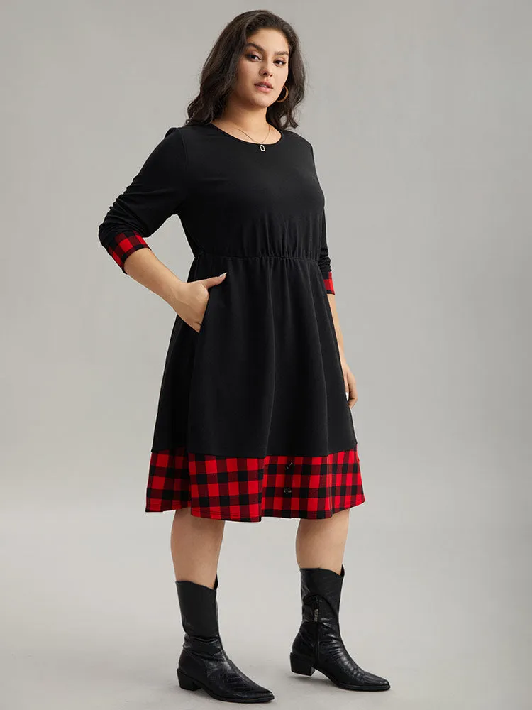 Plaid Patchwork Round Neck Elastic Waist Dress sold by Bloomchic product image thumbnail 4