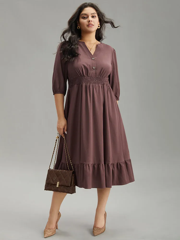 Solid Notched Lantern Sleeve Shirred Dress sold by Bloomchic